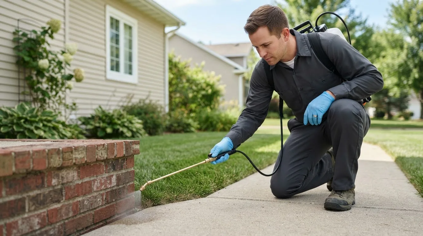 Pest control technician treating a home near South Mills, NC