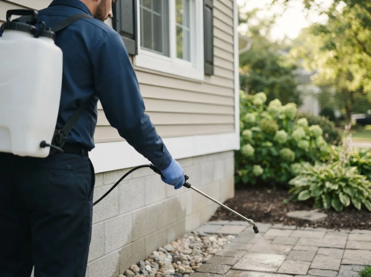 Pest control technician inspecting a home in South Mills, NC